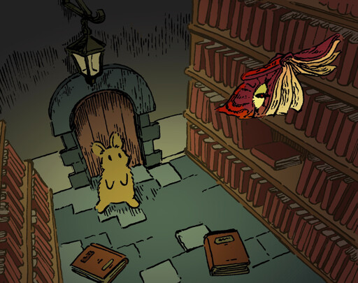 A bunny in a mysterious-looking reading room watches as a book flies away, flapping its pages like a bird. The room is full of books on shelves, but only the 'flying' books has strange, eldritch markings on it, and a large yellow eye on the cover.