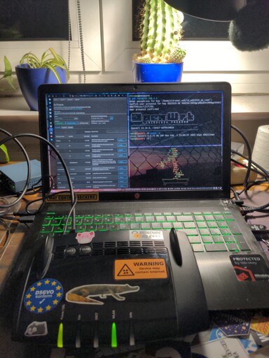 A Laptop on a wooden desk. a black router is on the laptop. The laptop screen is showing a Browser with OpenWRTs LuCI interface and a terminal with an open ssh session to the router. The ssh session also shows the OpenWRT greeting banner and the output of uname -a. On the Router are several stickers: a sleeping penguin cartoon, a real image of a Crocodile, a happy Axolotl cartoon, a sticker saying "Insecure as f***", a sticker saying "Warning: Device may contain internet", and a sticker with EU stars and a checkmark saying "DSGVO konform". On the laptop is a "may contain hackers" and a "protected by nitrokey" sticker. In the background is a cactus and some sort of other potted plant and a switch (connected to the router and the laptop).