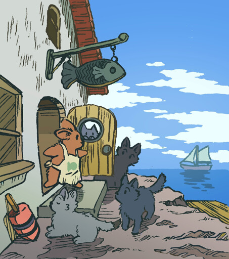 A bunny opens their front door to see a host of cats, all waiting expectantly for food. The bunny has an apron, and seems to be a fishmonger (there is a sign shaped like a fish above their door.) They are in a rustic little town by the sea.