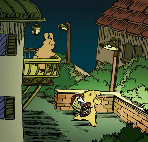 A bunny with a large accordion stands in a small yard on a summer night. They play a song for another bunny, who is standing atop a 2nd story balcony looking bemused.