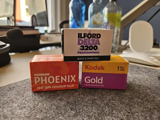 3 rolls of 35mm film. Ilford Delta 3200, Harman Phoenix 200 and Kodak Gold 200.