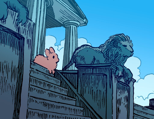 A bunny sits regally outside the steps of a stone building, possibly a courthouse or library, imitating the pose of a stone lion statue next to them. Another lion statue is visible in the corner of the drawing. They are both seated with their paws in front of them, but the lion statue looks noticeably more regal than the bunny