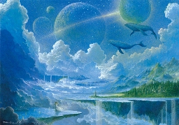 a gouache painting of some large islands floating in the sky; each island is partially underwater to the edges where waterfalls stream down off of them; past the clouds, there are multiple planets, one of them eclipsing the sun; there's a lone flute player in the foreground and two whales swimming high in the air