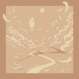 pixel art in brown colors. a path across hills leads to a house with a tower and flag. large feathers lie beside the path. puffy clouds in the sky. above the house, a hot air balloon is deformed by a large bird perched on it. a flock of birds approaches the balloon. some clouds have bird-like shapes