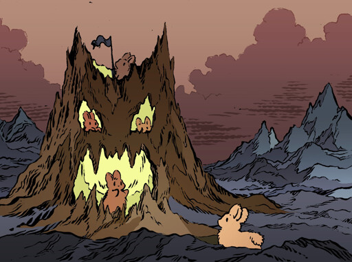 Bunnies hide out in an ominous hollow tree stump, which is shaped like a scary face with teeth. They are in the middle of a Mordor-like rocky landscape. A bunny from the outside arrives in this ominous place, and a bunny inside the 'lair' reaches out their arms to greet him, in a friendly manner.