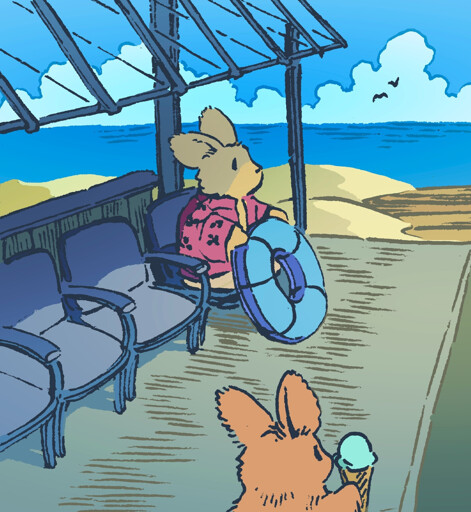 A bunny arrives at a seaside on a breezy day. He has an inner tube and summery hawaiian print t-shirt, but has not gone in the water yet. He looks out at the sea from the shade of a shuttle bus stop