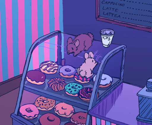 Two bunnies look at a bunch of donuts behind a glass case, in a brightly colored blue and pink donut shop. Trying to choose a donut, one of them slides down the glass