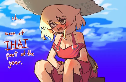 Centurii-chan, wearing a red off-shoulder top, sits under the blazing sun, sweating and blushing from the heat. The text, possibly her inner thoughts, reads: "uh... we're at THAT part of the year," with "THAT" emphasized to highlight the intensity of summer.