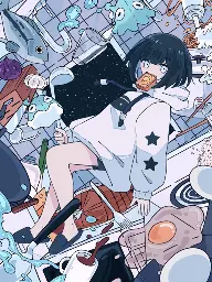 a drawing of a kitchen where gravity has stopped working; a girl in a hoodie and slippers is floating in the middle of the kitchen with toast in her mouth; there's messy food floating around everywhere; some small gooey alien creatures might have caused this