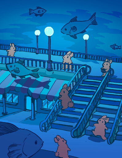 Bunnies are wandering around a little walkway lit by streetlights, like you might see near a beach. Large fish fly about above them and everything is bluish, as if they are underwater