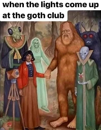 meme, text says "when the lights come up at the goth club" and the image is a painting of lots of different creatures