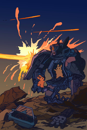 A bunny pilot emerges from the cockpit of his large robot armor resembling an Armored Trooper 'scopedog', greeting a small 'civilian' bunny in the mech's hand. The shield on the arm of the robot blocks a plasma beam shooting in the direction of the small bunny: They are in the middle of a battle!
