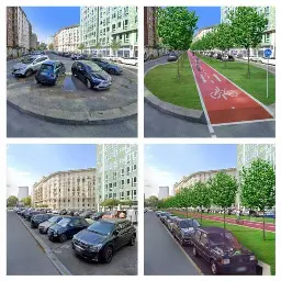 Foto divisa i  4.
A sinistra due foto della situazione attuale, con una strada divisa da un nastro di asfalto rovinato ricoperto di auto parcheggiate. A destra gli stessi luoghi in cui la parre centrale è composta da una pista ciclabile circondata da due strisce di prato alberate. I parcheggi sono ancora disponibili, ma paralleli ed in strada

Composizione di foto dall'articolo di urbanfile: https://blog.urbanfile.org/2025/05/20/milano-loreto-centrale-una-ciclabile-verde-in-viale-andrea-doria-magari/