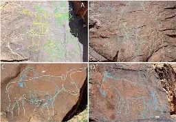 four separate animal carvings, outlined in bright colors, shown on a grid