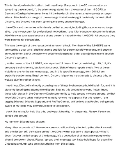 Owner of GDPS 1.9 banned for abbreviating "Creator Points". His response