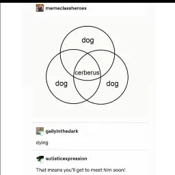 A tumblr post by memeclassheroes. It depicts a Venn diagram where three circles say "dog" and the intersection of all three circles says "cerberus". Another user, gailyinthedark, reblogs with the word "dying." Finally, the user autisticexpression reblogs with "That means you'll get to meet him soon!"