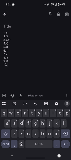 Screenshot of a notes app with a list as follows:1. 5 2. 2 3. 6 4. 9 5. 0 6. 3 7. 1 8. 7 9. 4 10. 8