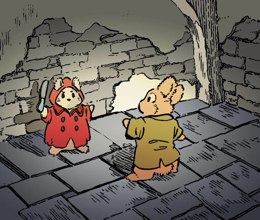 A spooky-looking dwarf rabbit in a red raincoat brandishes a butter knife, and menaces another bunny in an old passageway, a reference to the ending of the movie "Don't Look Now". The other bunny, playing Donald Sutherland's character, points wide-eyed at the dwarf rabbit