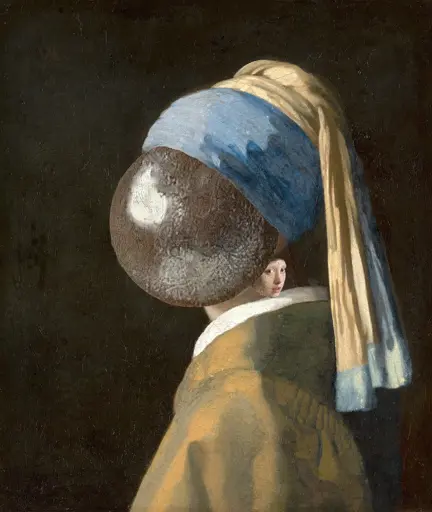 An edited version of Johannes Vermeer's Girl with a Pearl Earring, so that in place of the girl's face there's a giant pearl earring and the earring has been replaced with the girl's face