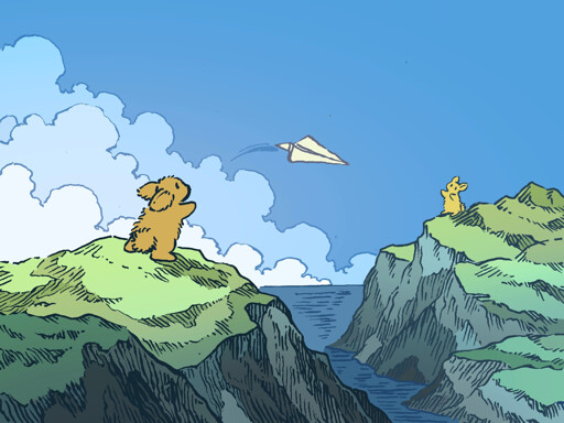 A bunny, standing on a rocky cliff overlooking the seashore, throws a paper airplane to another cliff in the distance. On the other cliff, another bunny reaches to catch the plane. It is a cool summer day.