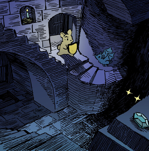 A bunny is in a maze-like dungeon, with staircases leading in various directions. A single bat flies at him, and he is equipped with just a shield. There are a pair of eyes glinting ominously in the shadows.