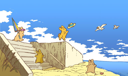 A bunny hops up to catch a sunhat that is blowing away in the breeze, at the top of some outdoor steps by a small beach. Many bunnies have arrived, one brought an umbrella. It is a warm summer day