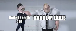 A captioned image from the insurance office scene from the film The Incredibles, with the frustrated super-muscular "Random Dude" choking the "UnitedHealth CEO" with a single hand