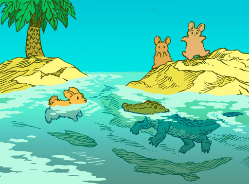 A bunny floats in a shallow tropical pool, maybe an oasis. His nose, eyes and ears are peering out of the water, but the rest of him is submerged. A small crocodile faces him, likewise peering out of the water, and two bunnies standing on the shore are surprised by it