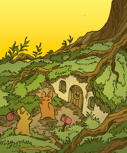 A bunny with a bindle stick arrives at their destination: A little cottage-like burrow (like a Hobbit hole) beneath the roots of a large tree. Another bunny, a relative of theirs, greets them happily