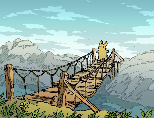 a bunny attempts to cross a rickety rope bridge, from a desolate side of a river to one that's verdant and nice. They have traveled through a rocky tundra of some sort