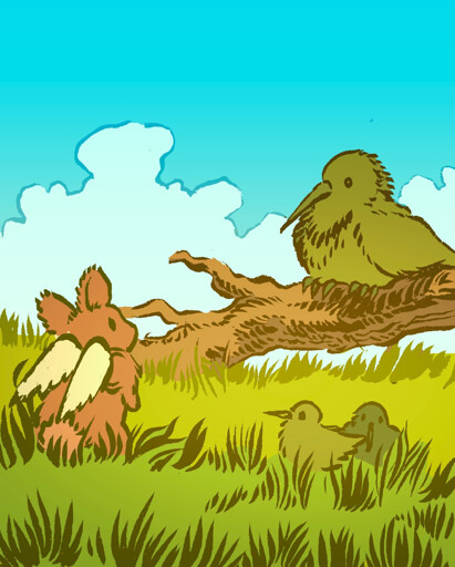 A bunny with a set of costume 'wings' meets a giant kiwi bird, sitting on a log in a field. Smaller kiwis sit in the grass beside them.