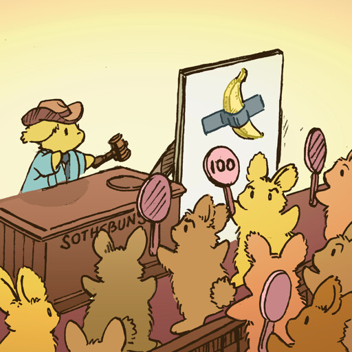 Bunnies shout over one another placing bids in an art auction, overseen by a bunny auctioneer. They are fighting over a banana taped to a wall, like the famous art piece, but possibly just want to eat it.