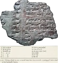 Neo-Assyrian tablet with an ancient fart joke dating back to the Old Babylonian period: "A thing which has not occurred since time immemorial: a young girl broke wind in her husband's bosom."