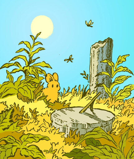 A bunny stares absentmindedly at a sundial on a sunny day. Dragonflies flit around, in the middle of an overgrown garden