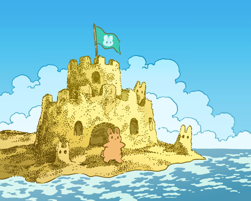A bunny has built a huge, bunny-sized sandcastle on a beach by the seashore. There is only one bunny in the castle, but they have built several other bunnies out of sand. Coming out of their castle entryway, they are startled how close the water is; the tide is coming in!