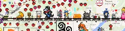 Pixel art train composed of a lot of little flat-bed wagons with various pixel arts on top of them
