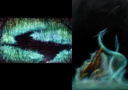 two paintings displayed. One of a rabbit shaped pond in a darkly magical clearing of a forest, and the other being two serpents made of water looking into the sky at a faintly lit airplane soaring above. As they gaze, they crash upon rocks lit by an unkown light source.