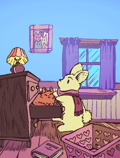 A bunny at home opens a drawer to get bedsheets, but there is a cat in the drawer who will not leave. They are in a small but cozy apartment.