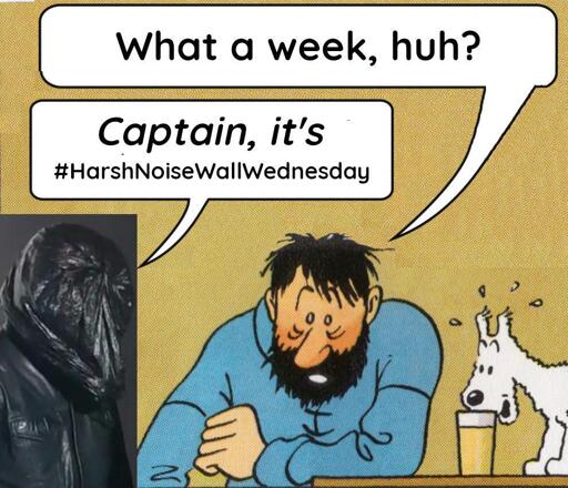modified version of the Tin Tin meme. The captain (a strong, yet exhausted man with a wild beard) is leaning onto the table and is saying: "What a week, huh?" Left to him, a picture of the artist Vomir has been inserted (a man wearing a black jacket while having a black trash bag over his head) who is saying: "Captain, it's Harsh Noise Wall Wednesday" (the last four words are written as a hashtag). On the right is a little, white dog