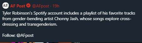 AF Post on twitter says the 22-year-old, white supremacist, Mormon man and Nick Fuentes from Utah listened to Trans artist's music.