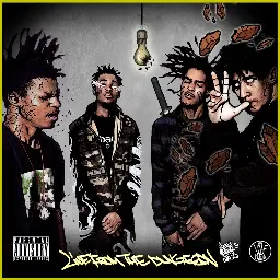 Album cover for "Live from the Dungeon" features four illustrated young men in a gritty, surreal environment. One is grimacing, another has glowing eyes, a third stands with a sword over his shoulder, and the fourth throws up hand signs while surrounded by floating debris. A cracked lightbulb hangs overhead, emphasizing the raw, underground feel.