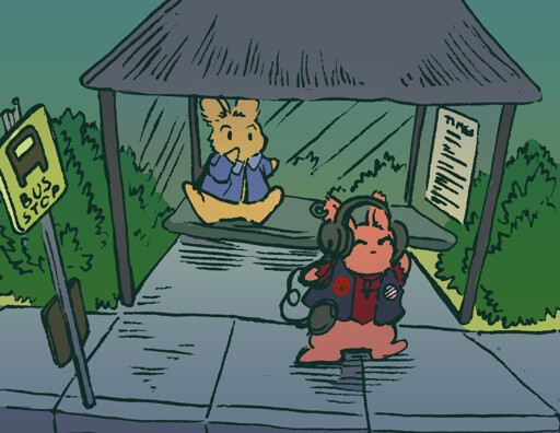 A bunny with noise-cancelling headphones stands at a bus stop, jamming out while an onlooker bunny calls to them. The 'punk' bunny, dressed in a sleeveless leather jacket with an anarchist 'A' and transgender pin, ignores their calls.