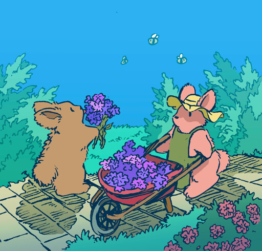 A bunny passes by a gardener, who has a wheelbarrow full of fresh-picked flowers. The bunny takes a bunch of flowers, making a bouquet. They then 'sample' the bouquet by taking a lick of one of the flower petals