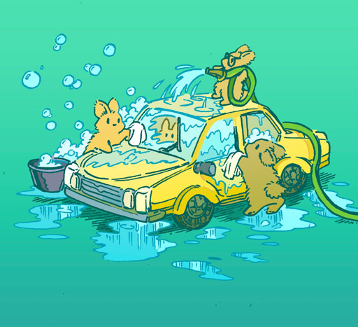 Three bunnies have a carwash, with a hose, cloth and soapy water. A fourth bunny sits inside the car, ineffectively using the windshield wiper as they look through the windshield