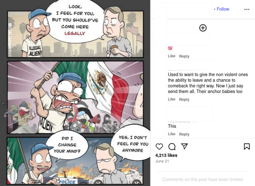 A comic with three panels. The top panel pictures a brown skinned person with a t-shirt that says "Illegal Alien" on the left, and a white person on the right holding a to go coffee, with a calm city skyline in the background. The white person's word bubble says "Look, I feel for you, but you should've come her legally." The middle panel shows a caricature of the illegal alien shouting and waving a Mexican flag, with masked protestors in the background throwing rocks and Molotov cocktails, and the white person looking frightened. The bottom panel has the illegal alien on the left still holding a Mexican flag and a smile on his face, and the white person on the left with an annoyed look, while police and civilian cars are burning in the background. The word bubble of the illegal alien says "Did I change your mind?" The word bubble of the white person says "Yes, I don't feel for you anymore."