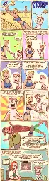 This is a comic strip.  Joseph Erkhoff is walking along the beach. In the foreground, a sporty beach volleyball woman jumps up to block the ball, but it bounces off in the wrong direction.  The ball hits Joseph on the head.  Joseph hands the ball back to the woman. The woman says: SORRY ‘BOUT THAT! Joseph says: WELL…  Joseph says: YOU COULD MAKE IT UP TO ME BY GOING ON A DATE WITH ME. The woman laughs and says: NO THANKS.  Joseph leans in a little too close to her face. The woman pulls back. Joseph says: OH C’MON, WHY NOT?!?  The woman says: LOOK, I DON’T KNOW HOW TO SAY THIS POLITELY, BUT YOU’RE JUST TOO SCRAWNY FOR ME, OKAY? Joseph says: HEY, I MAY BE SLENDER AND SMALL OF STATURE, BUT I'VE GOT A BIG HEART.  The woman, surprised, grabs him by the neck and waist with her muscular arms. The woman says: YOU DO?!?  She holds Joseph up to the light. His internal organs are visible, showing an enlarged heart. The woman says: DAMN. YOUR HEART DOES LOOK ENLARGED. YOU SHOULD GET THAT LOOKED AT BY A CARDIOLOGIST OR SOMETHING.  Later at the doctor’s office. A female doctor explains the situation to Joseph. The doctor says: GOOD THING WE CAUGHT THIS EARLY, MR. ERKHOFF. I’M PUTTING YOU ON BETA BLOCKERS AND I WANT TO SEE YOU AGAIN IN TWO WEEKS. Joseph says: YOU MEAN, LIKE… A DATE?