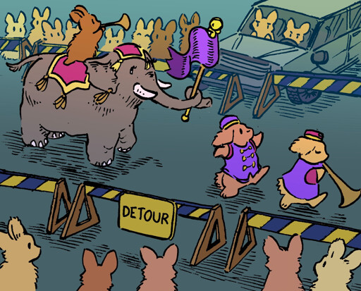 A crowd of bunnies watches a parade go by, with an elephant and several horn players. Many of the bunnies are watching intently, but two in a car are frustrated that the street has been cordoned off.