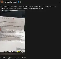 Threads post from, brittainforsenate:  Detroit Rapper Big Huey made a song about the Cybertruck. Tesla heard it and deactivated his vehicle, stranding him on the side of the road.