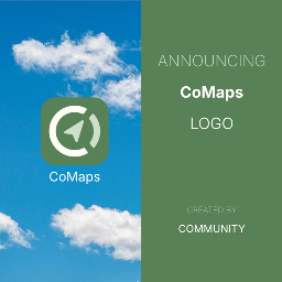 Graphic saying "announcing CoMaps logo created by community", with the new logo, a broken circle in the shape of an overlapped "C" and "O," with a navigational arrow in the center, on an olive green background.