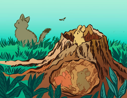 A bunny peers out of the top of a hollow tree stump, eyeing a cat nervously. The cat is looking in the opposite direction, seemingly unaware of the bunny. Two other bunnies are waiting underground, deeper in the hollow of the stump